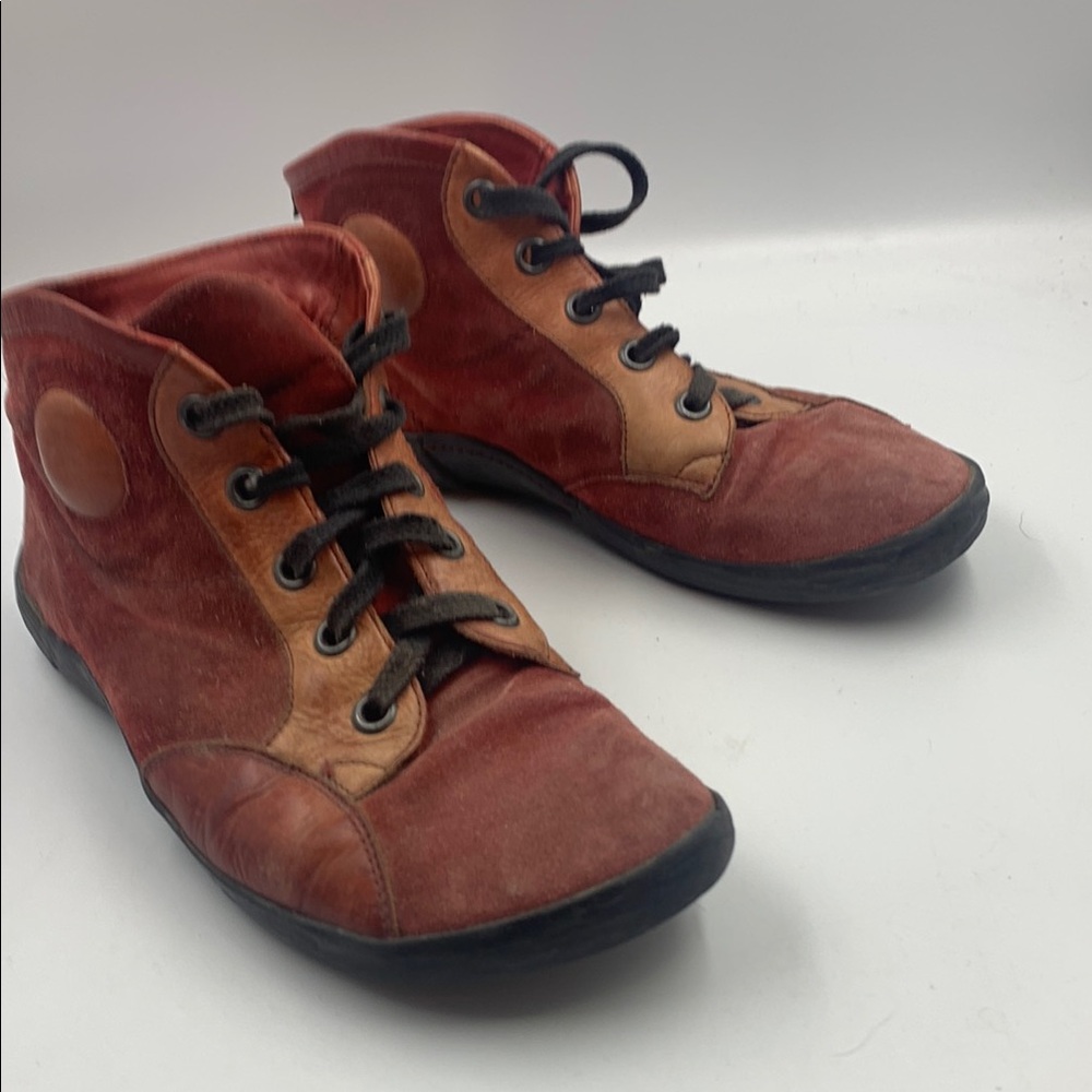 Think! Red and Tan Sneakers with Lace-Up Design